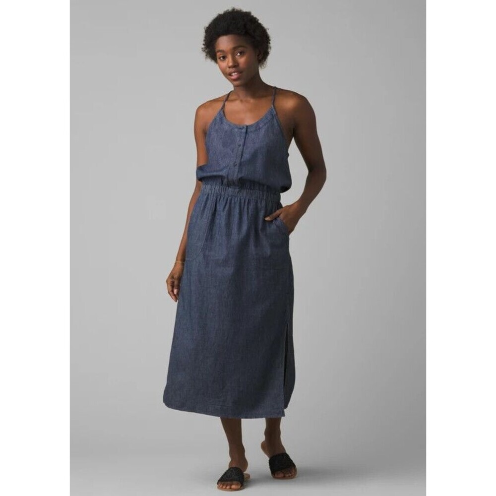 Prana Sky Haven Dress Small Blue Chambray Scoop Neck Midi Sundress Pockets